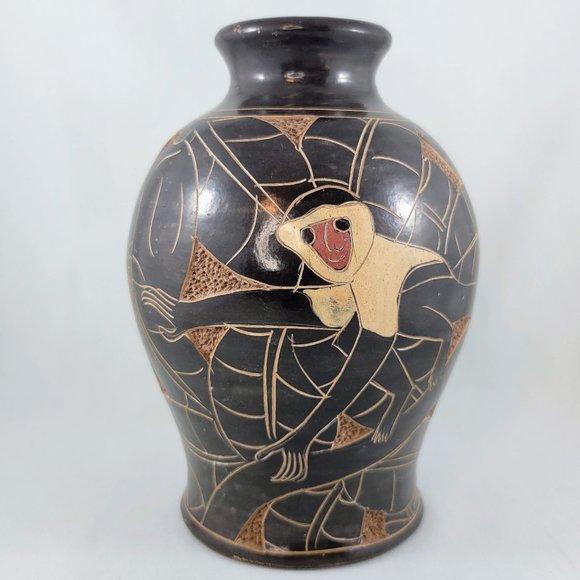 Vase Monkey Etched Pottery Signed Brown Animal Primate Home Decor Flowers Read - Picture 1 of 13